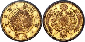 Meiji gold 5 Yen Year 6 (1873) MS63 PCGS, Osaka mint, KM-Y11a, Fr-47. Light pinkish tones in the recesses highlight the overall designs.

HID098012420...