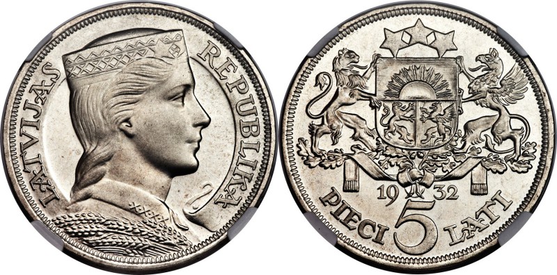 Republic Proof 5 Lati 1932 PR64 NGC, KM9. This is the highest graded example of ...