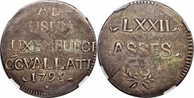 Siege Coinage. Francis II 72 Asses (Sols) 1795 XF40 NGC, KM20, Dav-1592. Struck by General Bender's Austrian defenders during the French siege. A near...