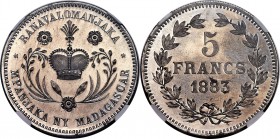 Ranavalona III aluminum Proof 5 Francs 1883 PR65 NGC, Paris mint, KM-X2c, Gad-6a, Lec-23. Type 3 - Reeded edge. Nicely mirrored fields and well preser...