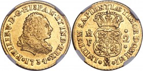 Philip V gold 2 Escudos 1734/3 Mo-MF AU50 NGC, Mexico City mint, KM124, Fr-10. A fairly high grade for the type, while also offering a clear overdate,...