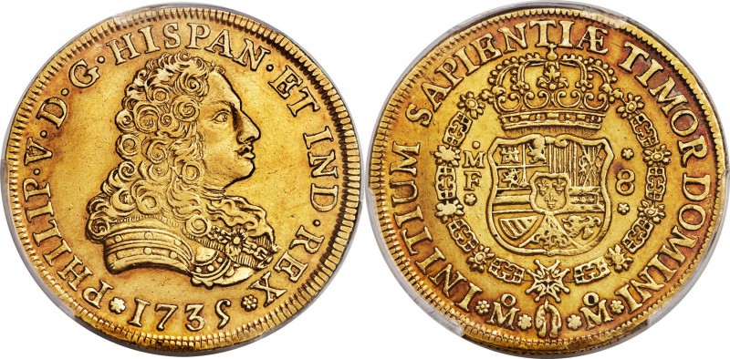 Philip V gold 8 Escudos 1735 Mo-MF AU53 PCGS, Mexico City mint, KM148. Exhibits ...