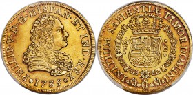 Philip V gold 8 Escudos 1735 Mo-MF AU53 PCGS, Mexico City mint, KM148. Exhibits robust underlying luster and a light veneer of rose-gold tone. A bold ...