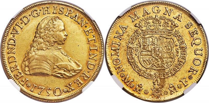 Ferdinand VI gold 8 Escudos 1750 Mo-MF AU58 NGC, Mexico City mint, KM150. Fine, ...