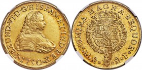 Ferdinand VI gold 8 Escudos 1750 Mo-MF AU58 NGC, Mexico City mint, KM150. Fine, handsome portrait of Ferdinand with rose-gold toning under the legends...