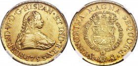 Ferdinand VI gold 8 Escudos 1753 Mo-MF AU55 NGC, Mexico City mint, KM151, Onza-604. Scarce, early bust date. Strong, well centered strike with attract...