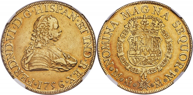 Ferdinand VI gold 8 Escudos 1756 Mo-MM AU55 NGC, Mexico City mint, KM151. Gentle...