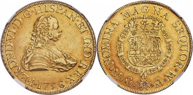 Ferdinand VI gold 8 Escudos 1756 Mo-MM AU55 NGC, Mexico City mint, KM151. Gentle toning along the peripheries and a minimal amount of observable handl...
