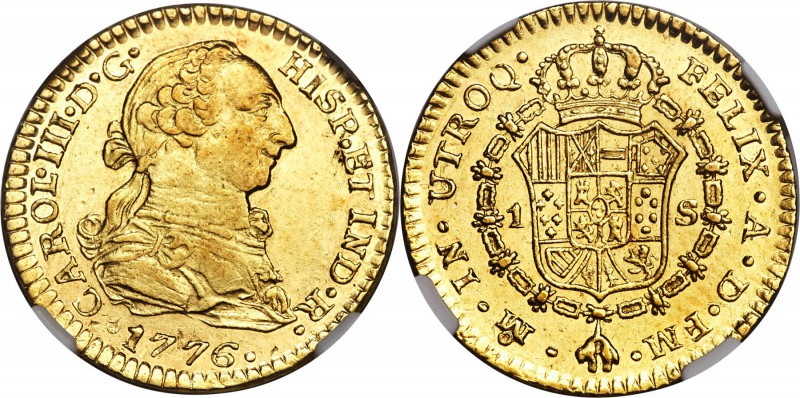 Charles III gold Escudo 1776 Mo-FM AU55 NGC, Mexico City mint, KM118.2. Bold str...