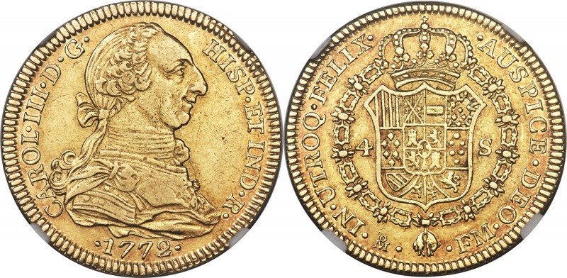 Charles III gold 4 Escudos 1772 Mo-FM AU53 NGC, Mexico City mint, KM142.1. Light...