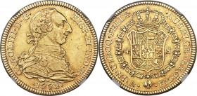 Charles III gold 4 Escudos 1772 Mo-FM AU53 NGC, Mexico City mint, KM142.1. Light even wear, with faint russet toning beginning to form along the edges...