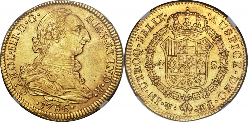 Charles III gold 4 Escudos 1786 Mo-FM AU55 NGC, Mexico City mint, KM142.2a, Fr-3...