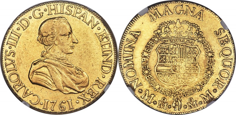 Charles III gold 8 Escudos 1761 Mo-MM XF Details (Repaired) NGC, Mexico City min...