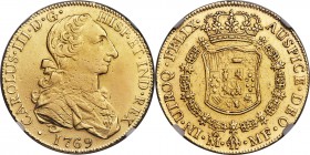 Charles III gold 8 Escudos 1769 Mo-MF AU Details (Repaired) NGC, Mexico City mint, KM155. A decent strike with clear devices and legends although it d...