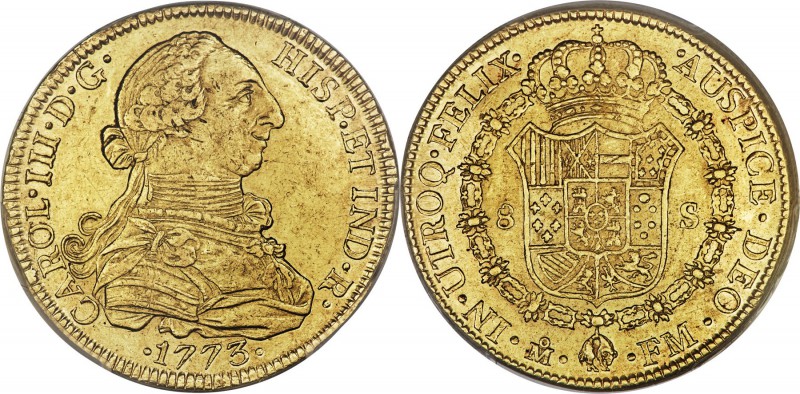 Charles III gold 8 Escudos 1773 Mo-FM AU53 PCGS, Mexico City mint, KM156.1, Onza...