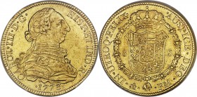 Charles III gold 8 Escudos 1773 Mo-FM AU53 PCGS, Mexico City mint, KM156.1, Onza-761. The scarcest date of this two-year subtype. A nice well-struck s...