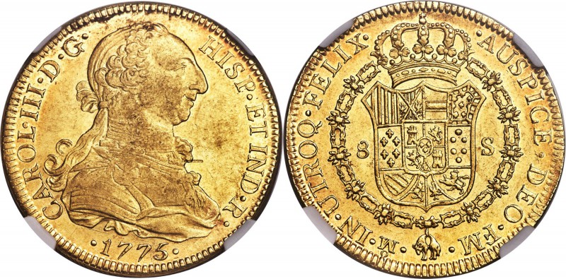 Charles III gold 8 Escudos 1775 Mo-FM AU58 NGC, Mexico City mint, KM156.2. Very ...
