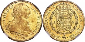 Charles III gold 8 Escudos 1775 Mo-FM AU58 NGC, Mexico City mint, KM156.2. Very lustrous with only minimal signs of handling in the fields. A decent s...