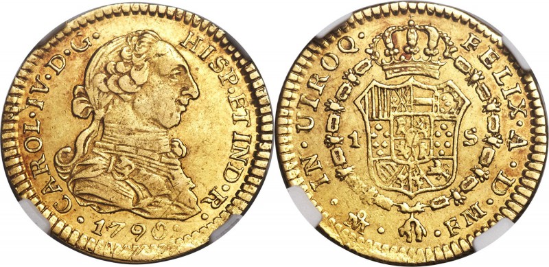 Charles IV gold Escudo 1790 Mo-FM AU53 NGC, KM119. Lightly toned with rose-gold ...