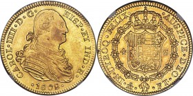 Charles IV gold 4 Escudos 1802 Mo-FT AU55 NGC, Mexico City mint, KM144. Light, even rub on the high points but overall well struck for the issue, with...