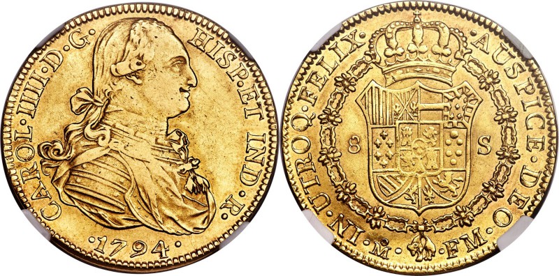 Charles IV gold 8 Escudos 1794 Mo-FM AU50 NGC, Mexico City mint, KM159. Bold str...