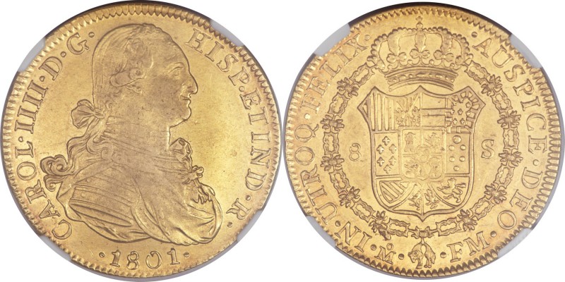 Charles IV gold 8 Escudos 1801 Mo-FM AU55 NGC, Mexico City mint, KM159. A choice...