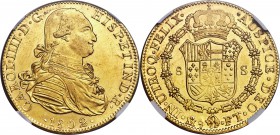 Charles IV gold 8 Escudos 1802 Mo-FT UNC Details (Scratches) NGC, Mexico City mint, KM159. Exhibits strongly mirrored surfaces and a bold strike, with...