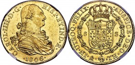 Charles IV gold 8 Escudos 1806 Mo-TH MS62 NGC, Mexico City mint, KM159. Bursting cartwheel luster in the fields, and a pleasing honeysuckle-gold patin...