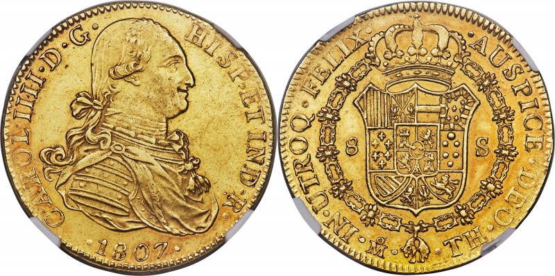 Charles IV gold 8 Escudos 1807 Mo-TH AU58 NGC, Mexico City mint, KM159. Natural ...