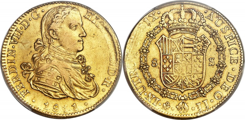 Ferdinand VII gold 8 Escudos 1811 Mo-JJ AU53 PCGS, Mexico City mint, KM160. Mode...