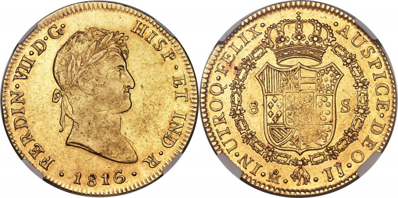 Ferdinand VII gold 8 Escudos 1816 Mo-JJ AU58 NGC, Mexico City mint, KM161. Pleas...