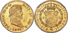 Ferdinand VII gold 8 Escudos 1816 Mo-JJ AU58 NGC, Mexico City mint, KM161. Pleasing light red toning highlights the legends and devices, with more und...