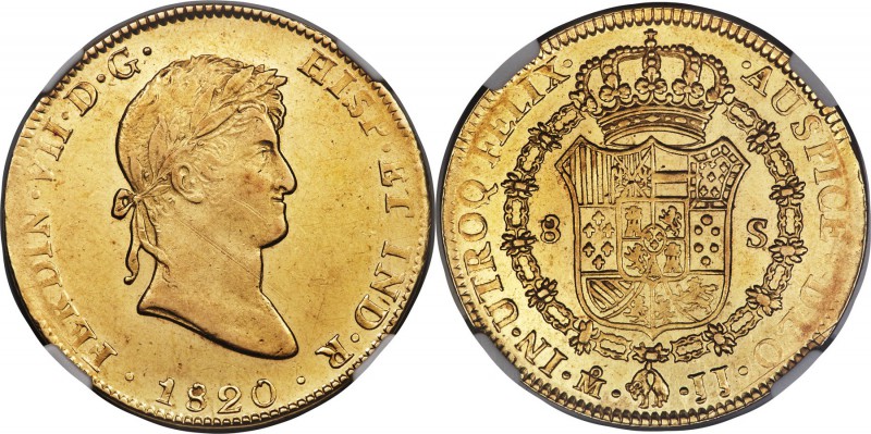 Ferdinand VII gold 8 Escudos 1820 Mo-JJ MS61 NGC, Mexico City mint, KM161. Some ...