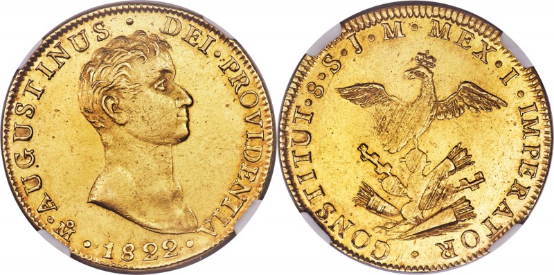 Augustin I Iturbide gold 8 Escudos 1822 Mo-JM MS63 NGC, Mexico City mint, KM313....