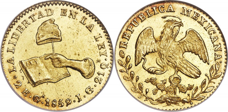 Republic gold 2 Escudos 1859/8 Ga-JG MS63 NGC, Guadalajara mint, KM380.3. A high...