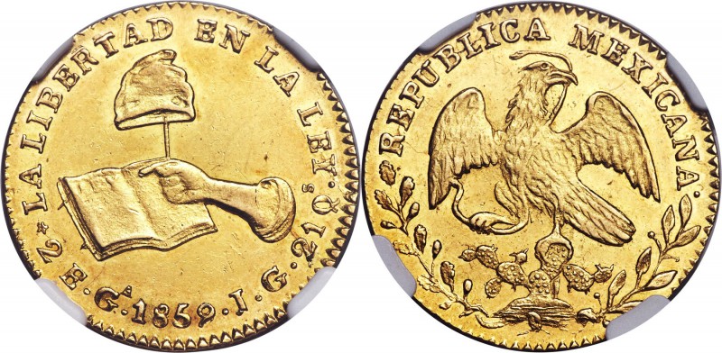 Republic gold 2 Escudos 1859/8 Ga-JG MS60 NGC, Guadalajara mint, KM380.3. Strong...