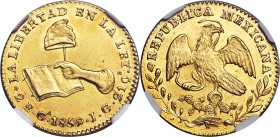 Republic gold 2 Escudos 1859/8 Ga-JG MS60 NGC, Guadalajara mint, KM380.3. Strong mint luster with some prooflike reflectivity in the fields, the whole...