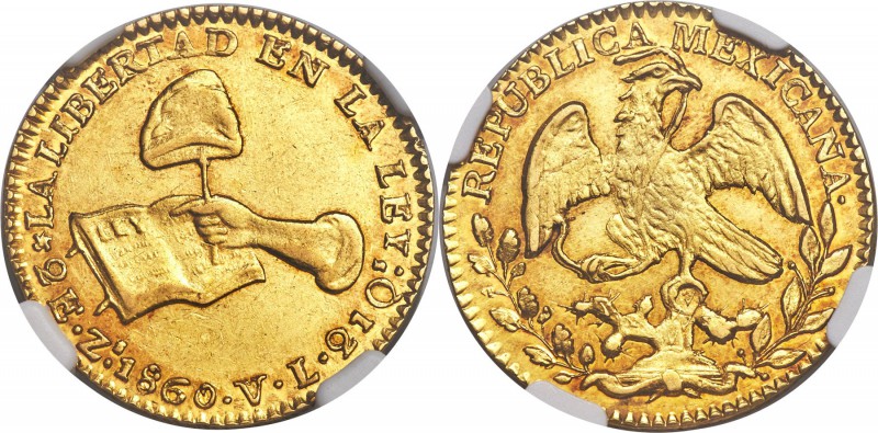Republic gold 2 Escudos 1860 Zs-VL AU58 NGC, Zacatecas mint, KM380.8. A nicely s...