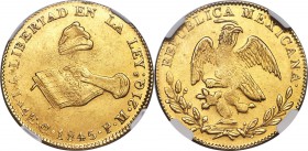 Republic gold 4 Escudos 1845 Go-PM MS61 NGC, Guanajuato mint, KM381.4. Strike a little soft in the centers as seems often to be the case with this par...