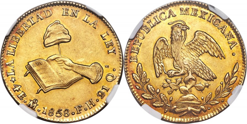Republic gold 4 Escudos 1858 Mo-FH AU58 NGC, Mexico City mint, KM381.6. A handso...