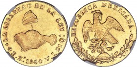 Republic gold 4 Escudos 1860 Zs-VL AU58 NGC, Zacatecas mint, KM381.8. An engaging specimen with significant luster remaining in the fields and an vibr...
