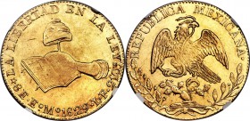 Republic gold 8 Escudos 1829 EoMo-LF MS62 PL NGC, Estado de Mexico mint, KM383.4. A simply exceptional piece of early Mexican numismatic history, this...