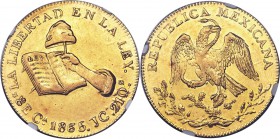Republic gold 8 Escudos 1865 Ca-JC AU50 NGC, Chihuahua mint, KM383.1. The rarest date of this mint and type, with no other examples appearing in recen...