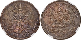 Republic copper Pattern Peso 1869 Mo-C XF Details (Rim Damage) NGC, KM-Pn118. A great rarity struck from pattern dies (with large "LEY") in copper. Th...