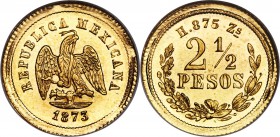 Republic gold 2-1/2 Pesos 1873 Zs-H MS65 NGC, Zacatecas mint, KM411.6. A handsome coin with prooflike fields, a rich golden tone, bold strike and sati...
