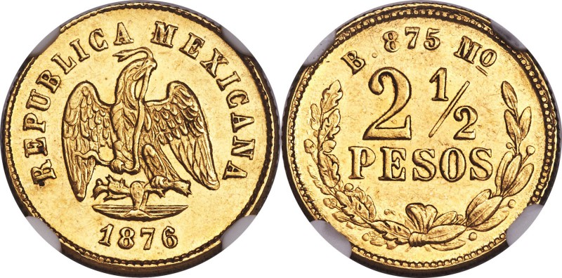 Republic gold 2-1/2 Pesos 1876 Mo-B MS62 NGC, Mexico City mint, KM411.5. A nice ...