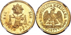 Republic gold 5 Pesos 1877 Zs-S/A MS65 NGC, Zacatecas mint, KM412.7. A gem example of this date and denomination combination with brilliant mint luste...