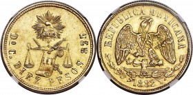 Republic gold 10 Pesos 1882 Do-C AU58 NGC, Durango mint, KM413.3. A very rare mint, date, and assayer combination for the series, especially so when f...