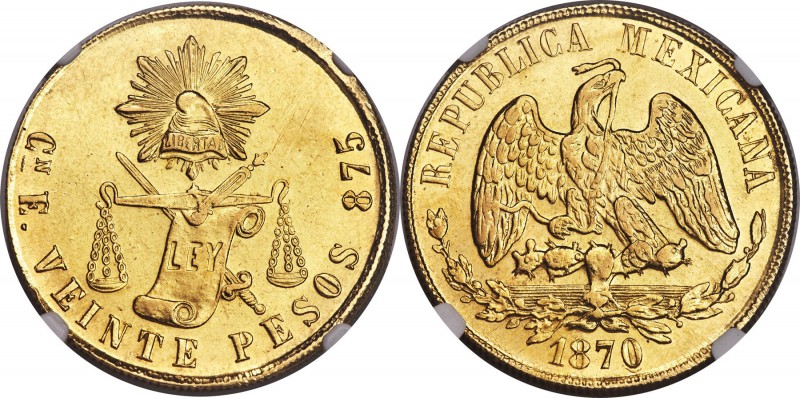 Republic gold 20 Pesos 1870 Cn-E MS62 NGC, Culiacan mint, KM414.2. A well-struck...