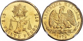 Republic gold 20 Pesos 1870 Cn-E MS62 NGC, Culiacan mint, KM414.2. A well-struck example with deep honey-gold brilliant luster.

HID09801242017